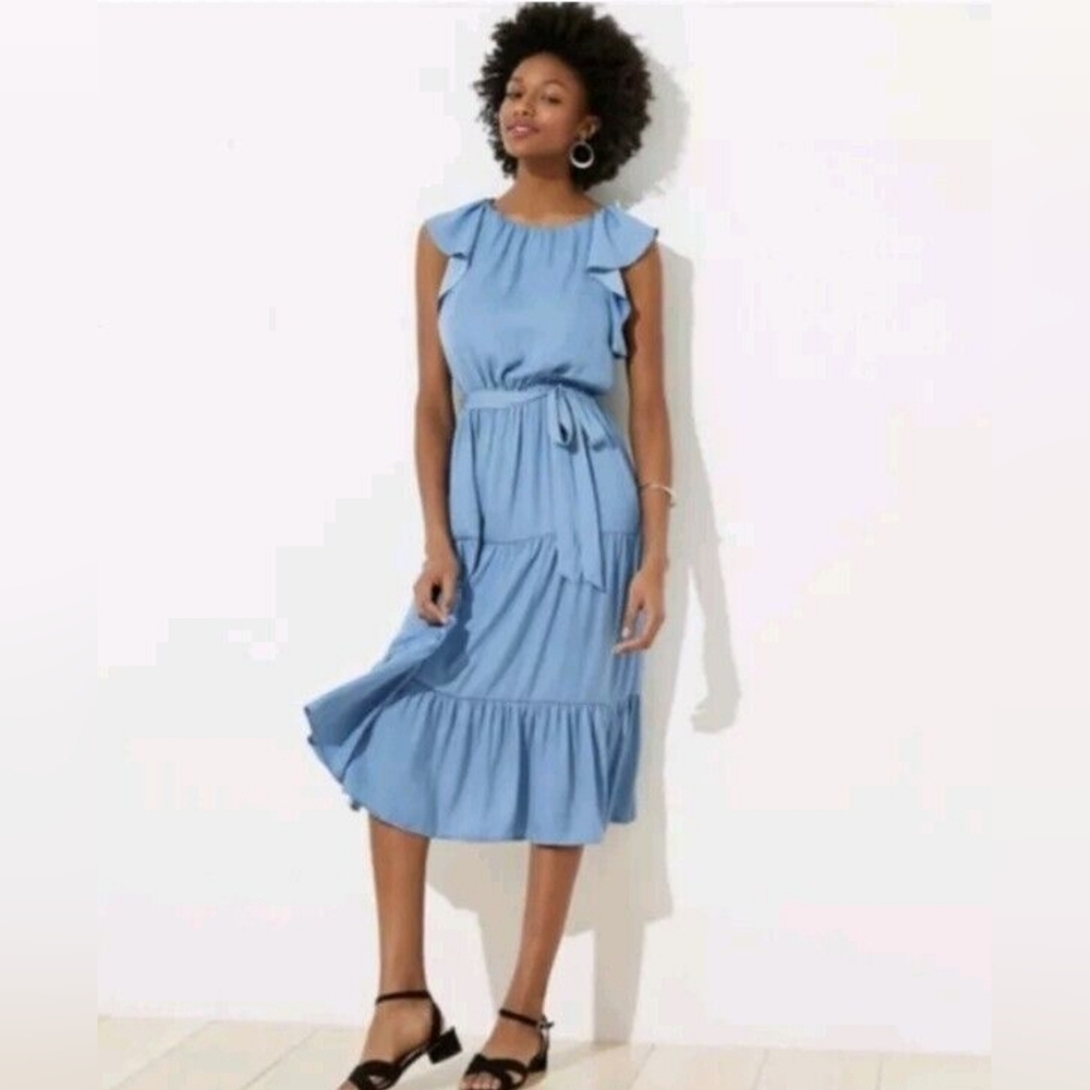 LOFT Cornflower Baby Blue Ruffle Midi Dress Size Small Petite
